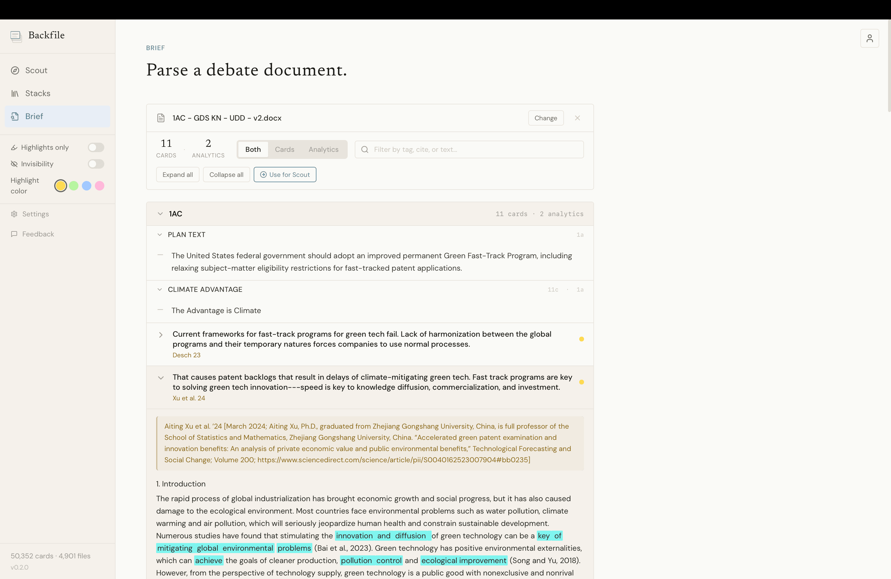 Backfile Brief view — a parsed 1AC with cards, tags, cites, and highlight runs preserved