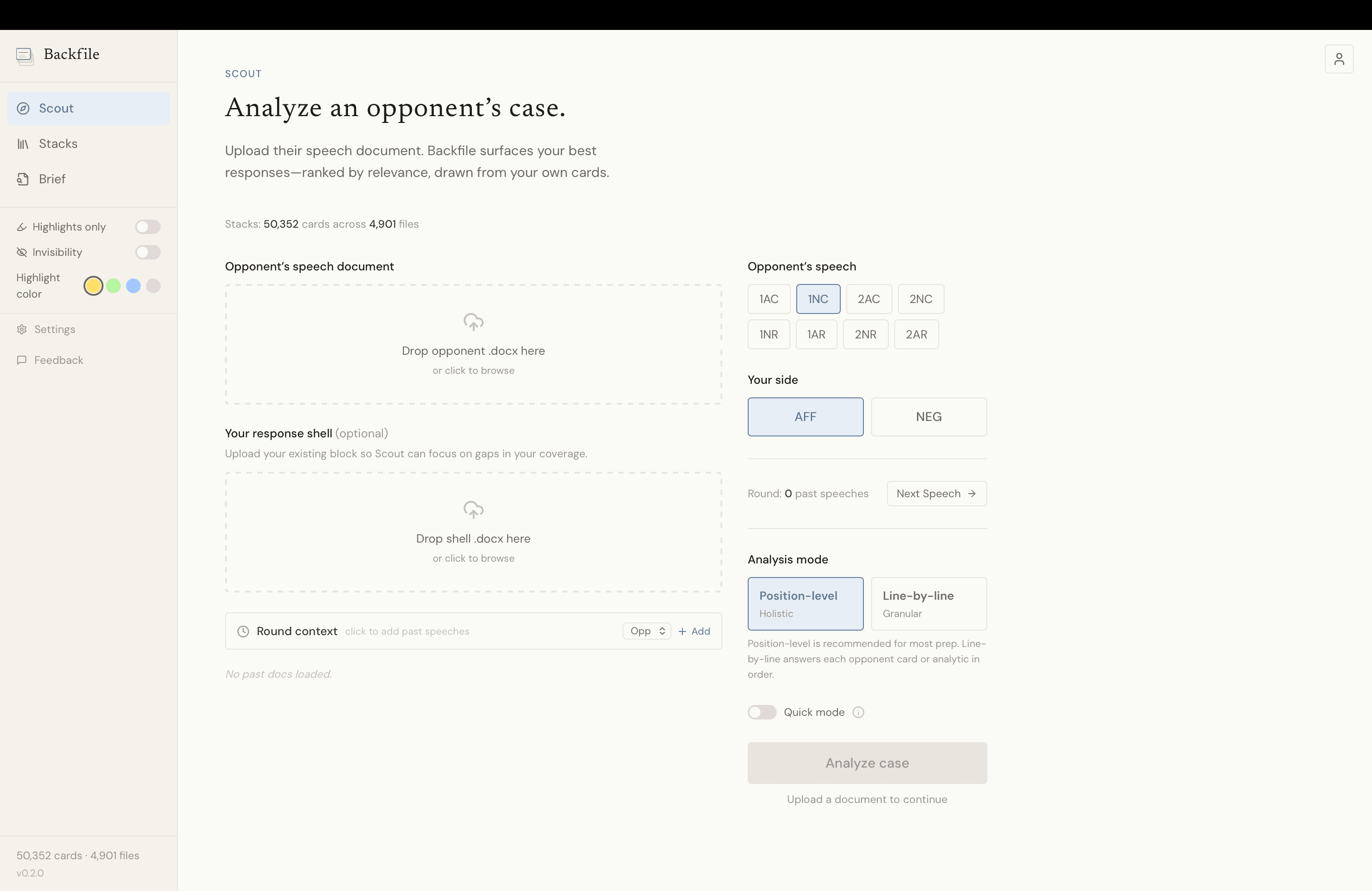 Scout setup view — drop opponent doc, set side and analysis mode