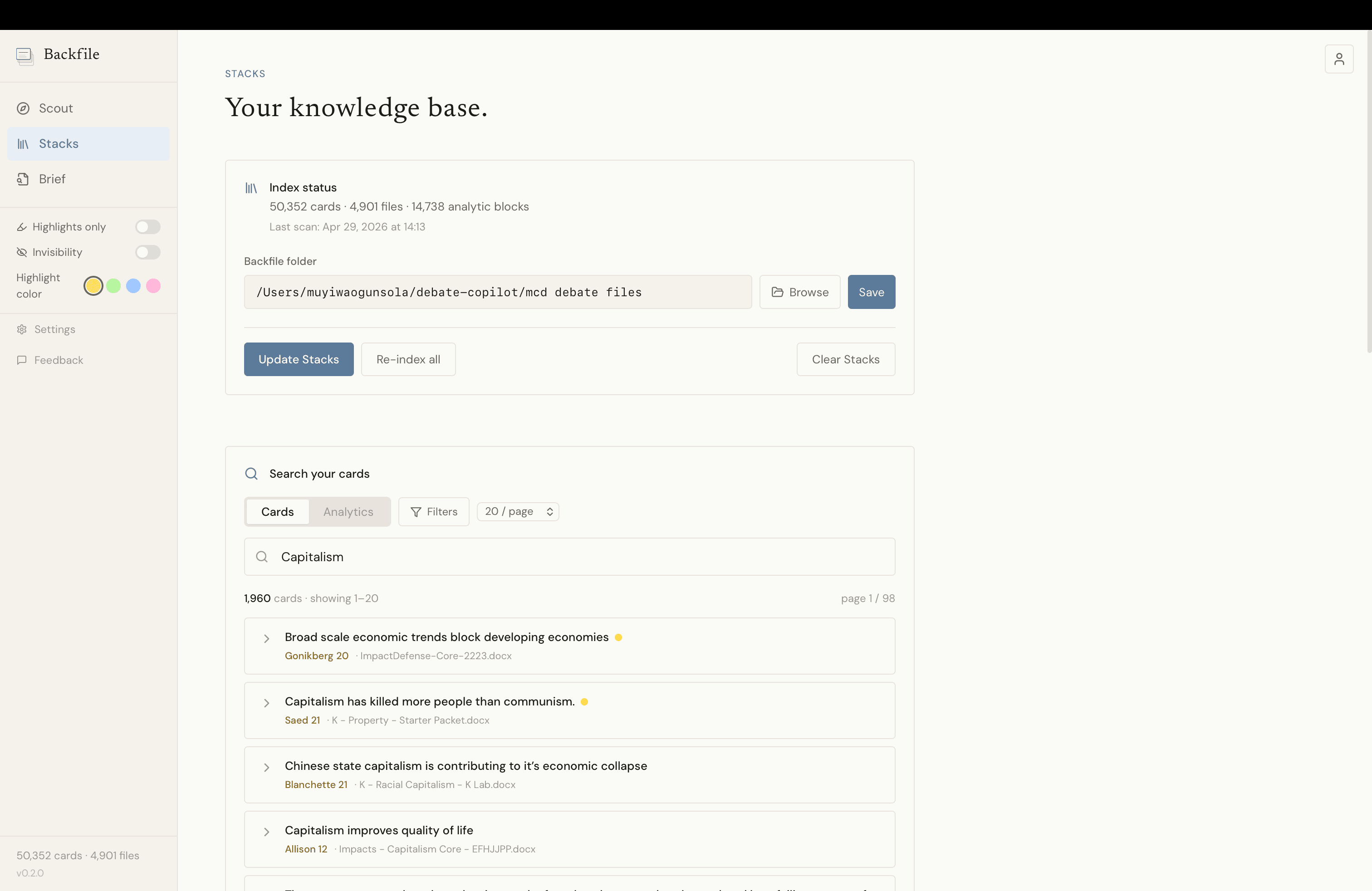 Stacks knowledge-base view with search results across 50,352 cards